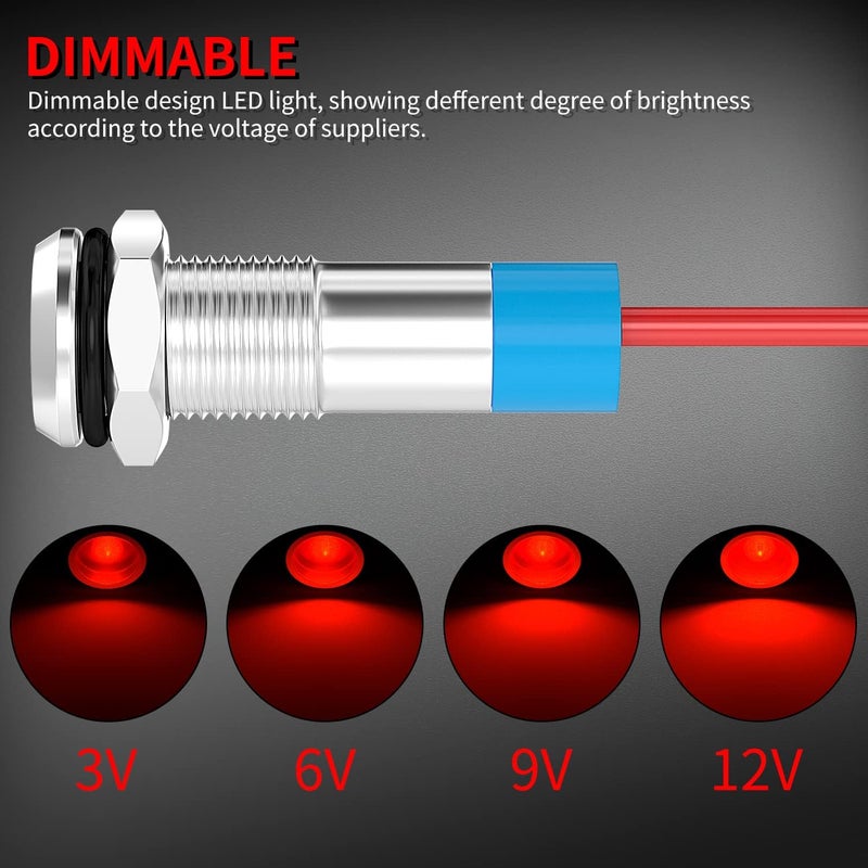 DAIERTEK LED Indicator Light 12V Waterproof Red Signal Light Waterproof 6MM 1/4" Metal 12 Volt Panel LED Indicator Signal Light Panel Mount Flat Head with Wires Silver Shell -3Pcs - Image 4